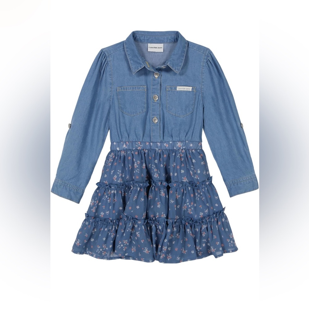 CALVIN KLEIN Little Girl's👧🏻Floral💐Tiered Denim Dress👗Sz 6X